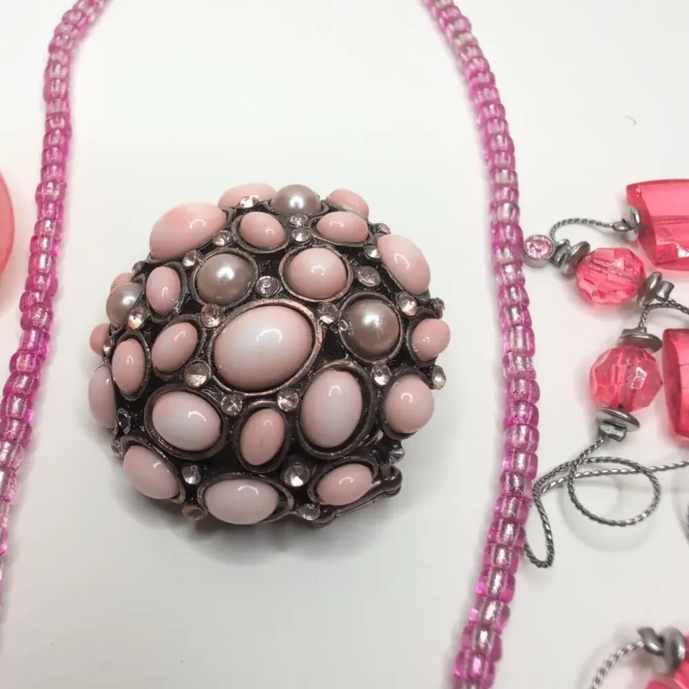 Pink Rhinestone Necklace Pendant Ring Lot Fairy Coquette Barbie Rose‎